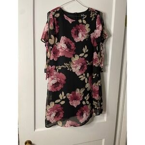 Lulus XS Black Floral Print Dress Short Sleeve Tie Cold‎ Shoulder